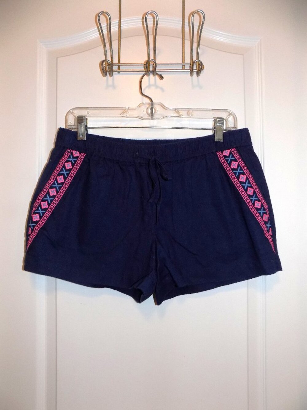 VINEYARD VINES Womens Blue Linen Shorts Pink Embroidery Elastic Waist Small